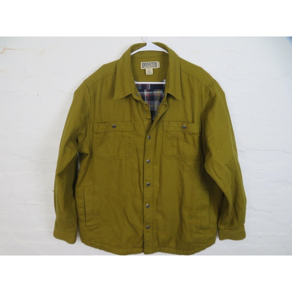 Duluth Trading Jacket Mens Large Beige Plaid Lined Canvas Shirt Shacket Snap